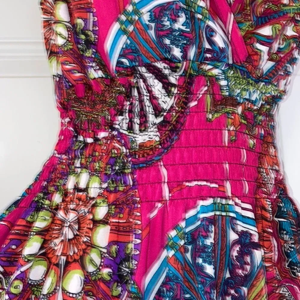 Floral Crossover Top Plunge Smock Waist Mini Dress Womens Small